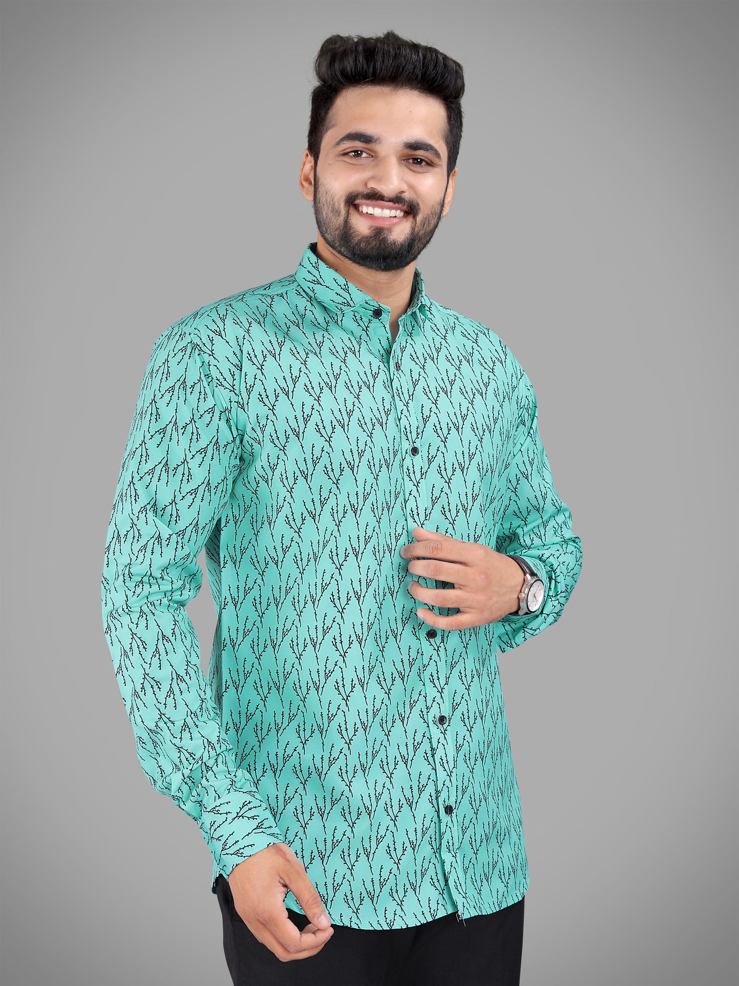 Light Green Cotton Blend Digital Printed Casual Shirt