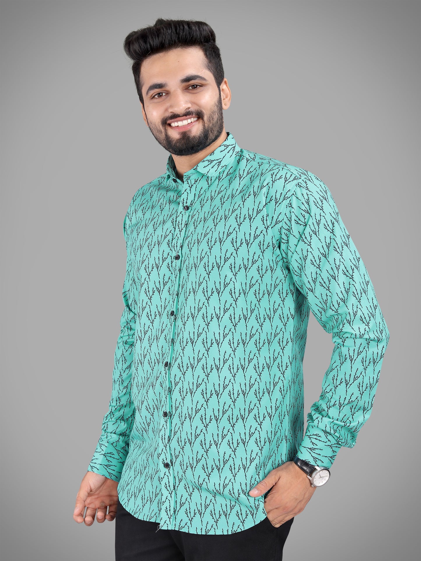 Light Green Cotton Blend Digital Printed Casual Shirt