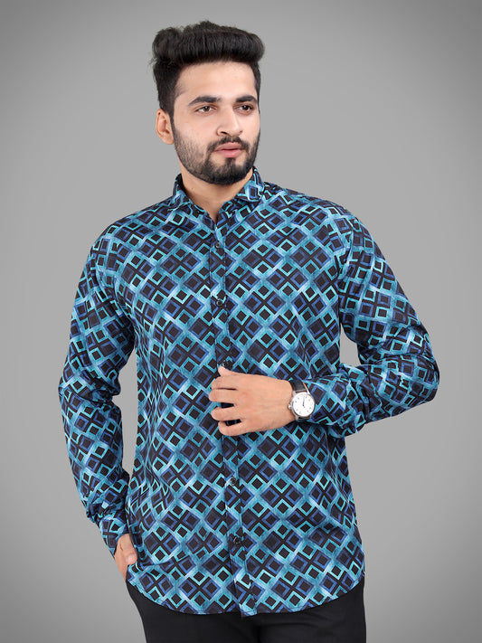 Blue Cotton Blend Digital Printed Casual Shirt