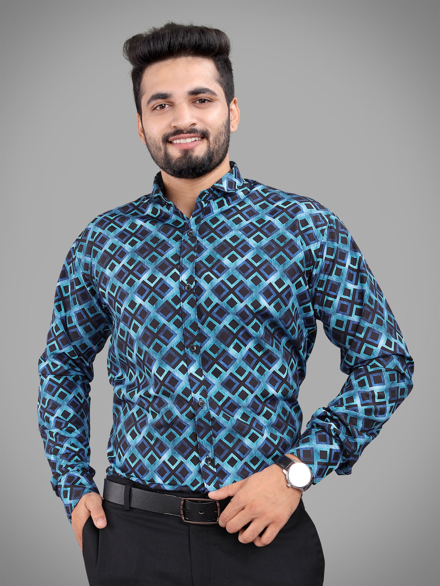 Blue Cotton Blend Digital Printed Casual Shirt