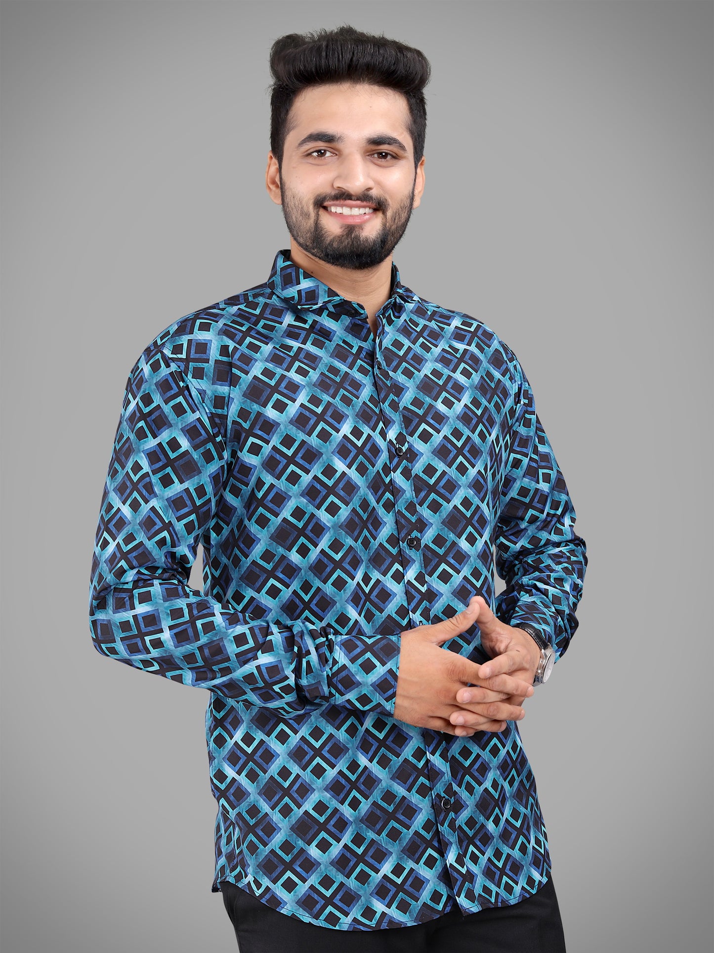 Blue Cotton Blend Digital Printed Casual Shirt