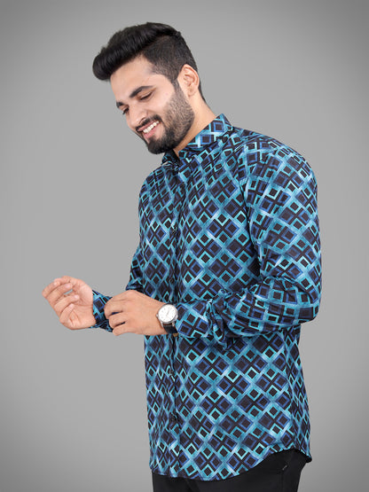 Blue Cotton Blend Digital Printed Casual Shirt