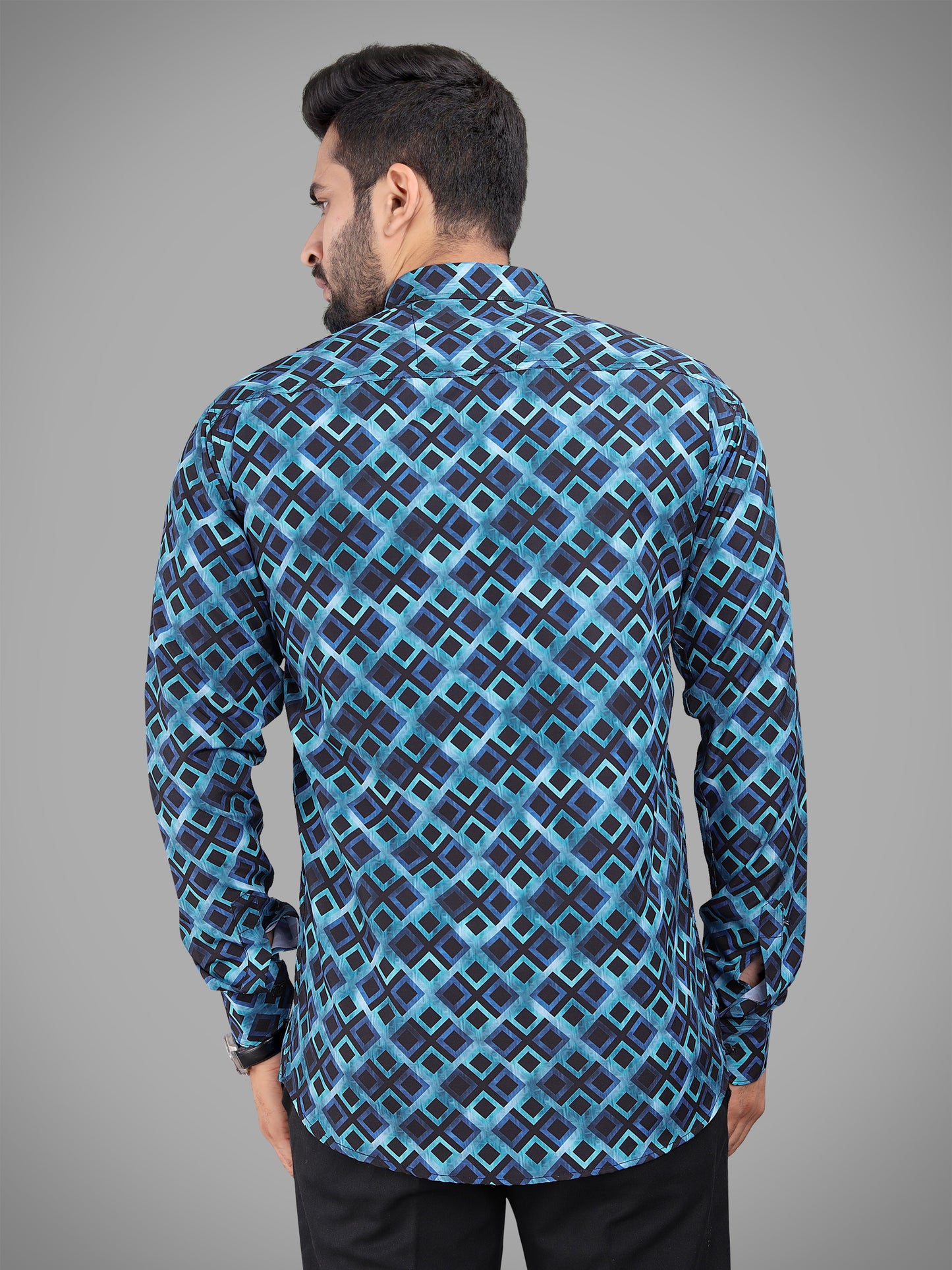 Blue Cotton Blend Digital Printed Casual Shirt