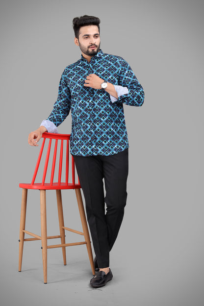 Blue Cotton Blend Digital Printed Casual Shirt