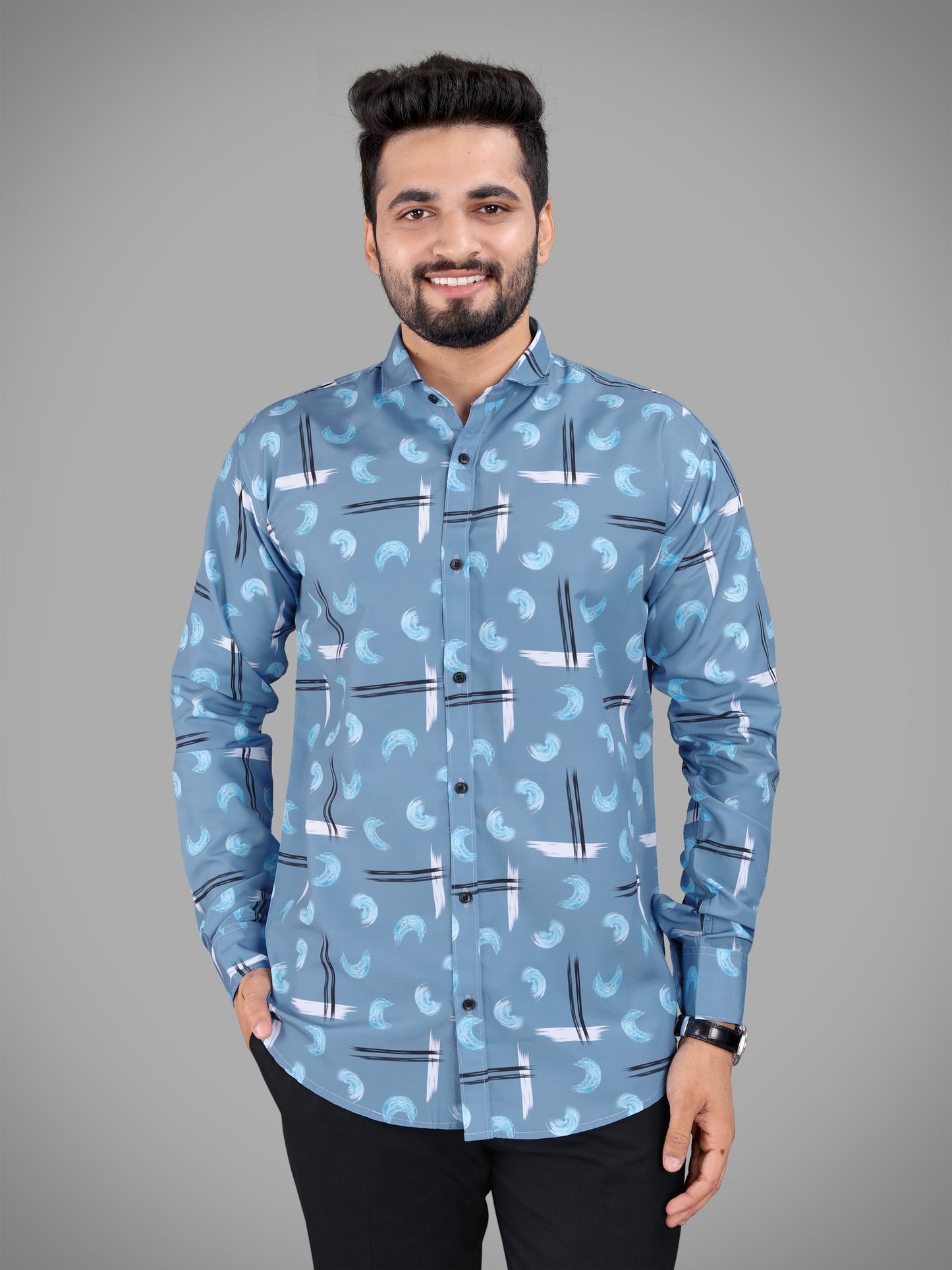 Grey Cotton Blend Digital Printed Casual Shirt