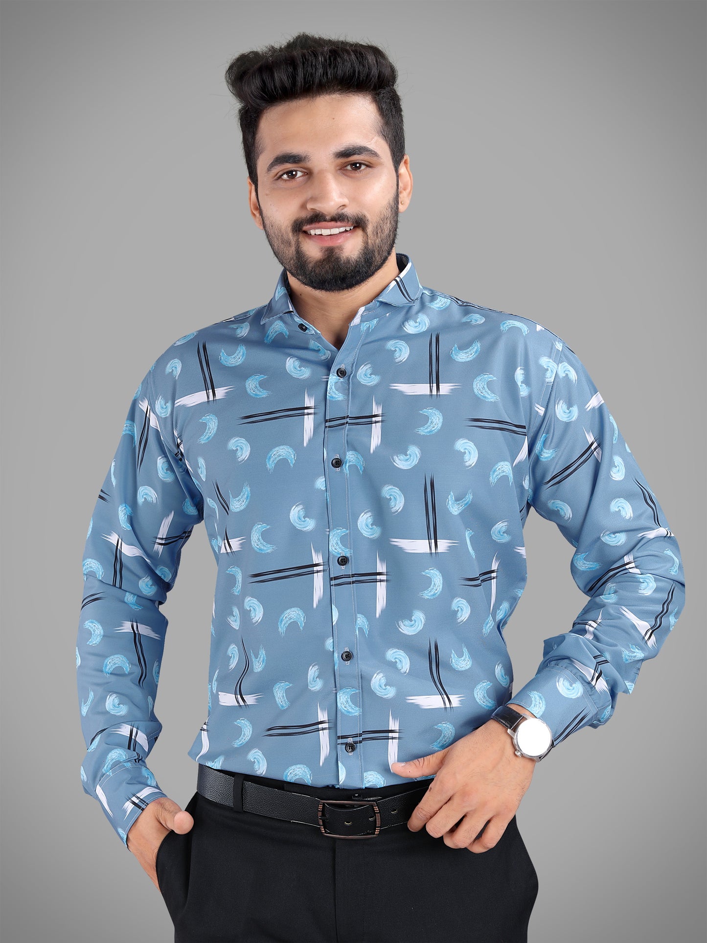 Grey Cotton Blend Digital Printed Casual Shirt