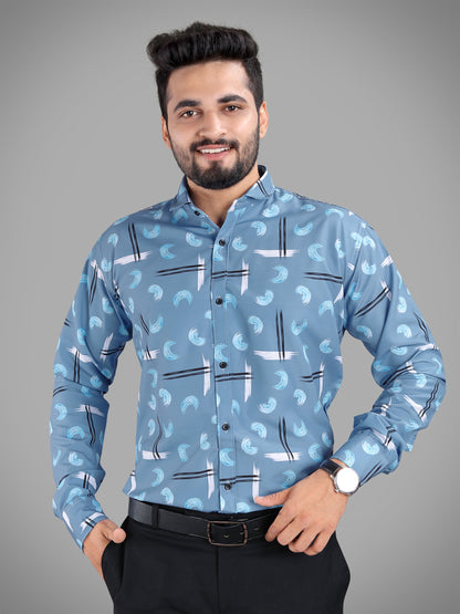 Grey Cotton Blend Digital Printed Casual Shirt