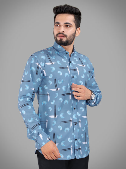 Grey Cotton Blend Digital Printed Casual Shirt