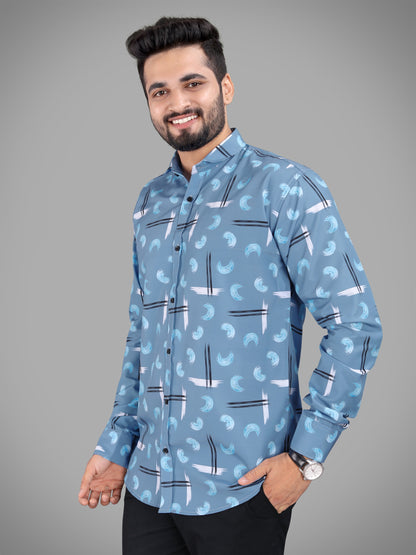 Grey Cotton Blend Digital Printed Casual Shirt