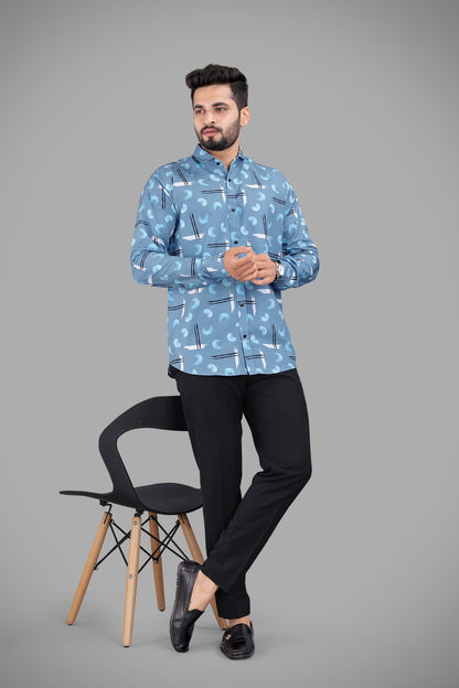 Grey Cotton Blend Digital Printed Casual Shirt