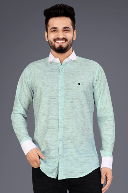 Light Green Cotton Blend Texture Print Causal Shirt