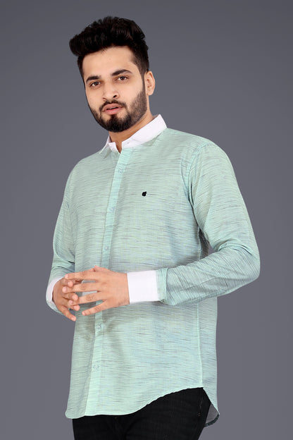 Light Green Cotton Blend Texture Print Causal Shirt