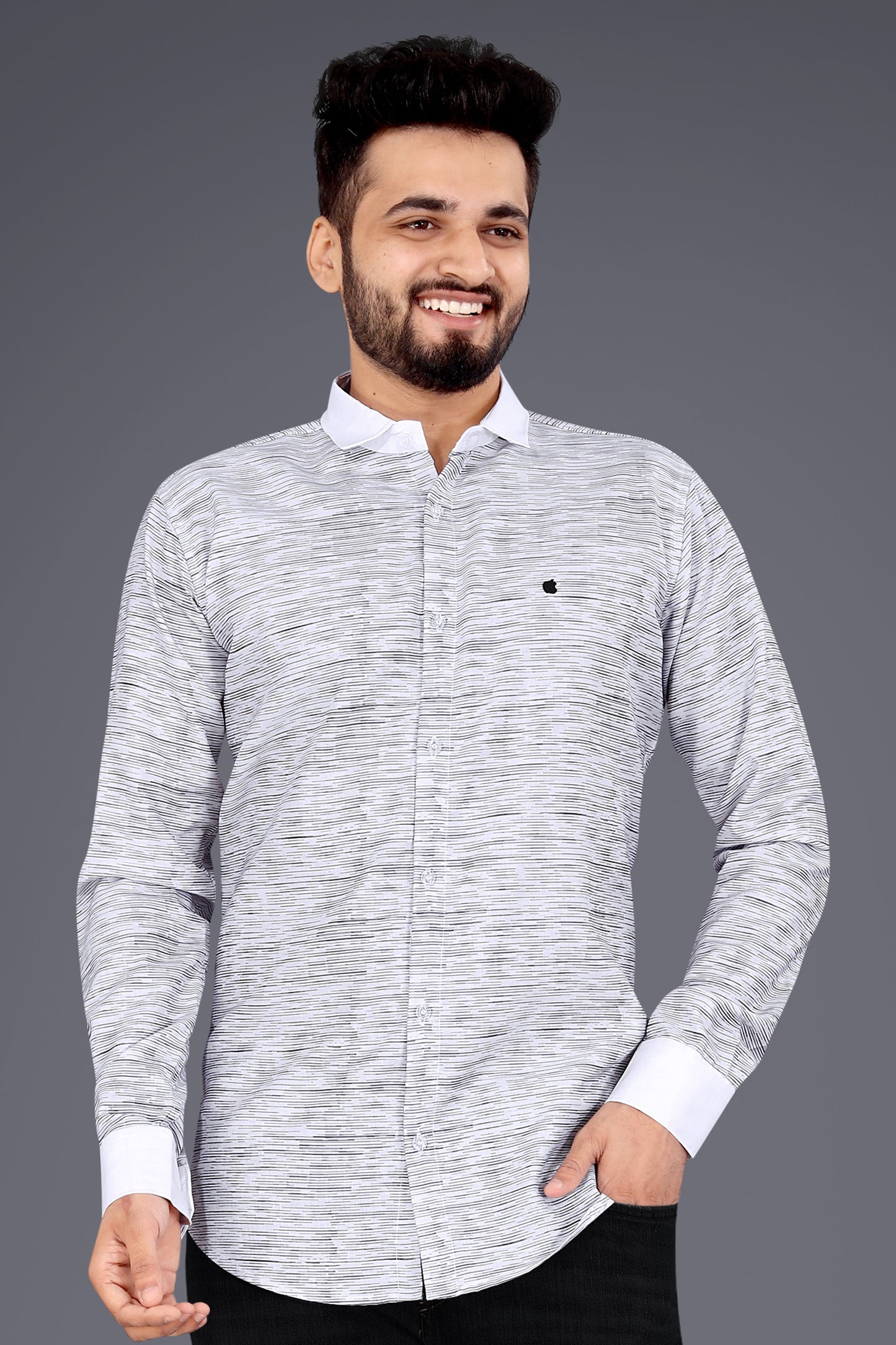 Grey Cotton Blend Texture Print Causal Shirt