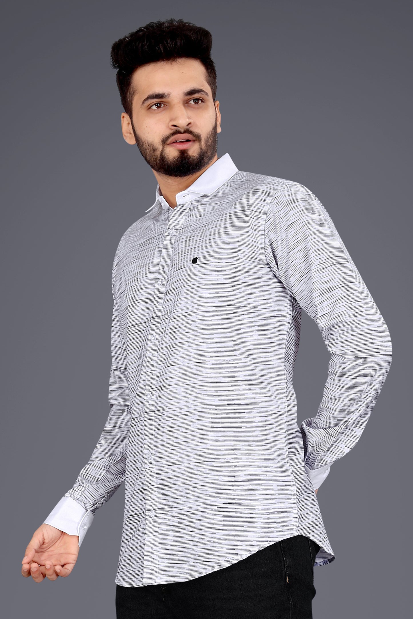 Grey Cotton Blend Texture Print Causal Shirt