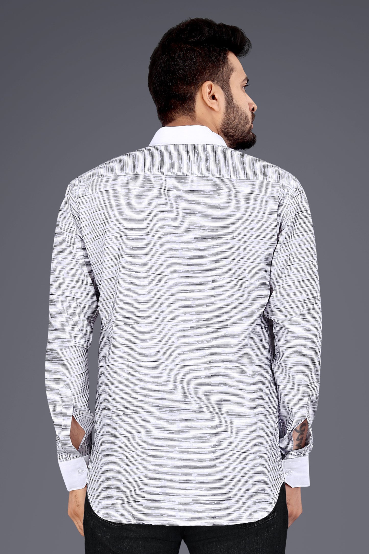 Grey Cotton Blend Texture Print Causal Shirt