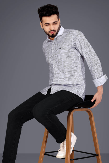 Grey Cotton Blend Texture Print Causal Shirt