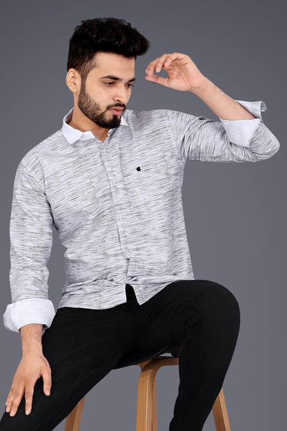 Grey Cotton Blend Texture Print Causal Shirt