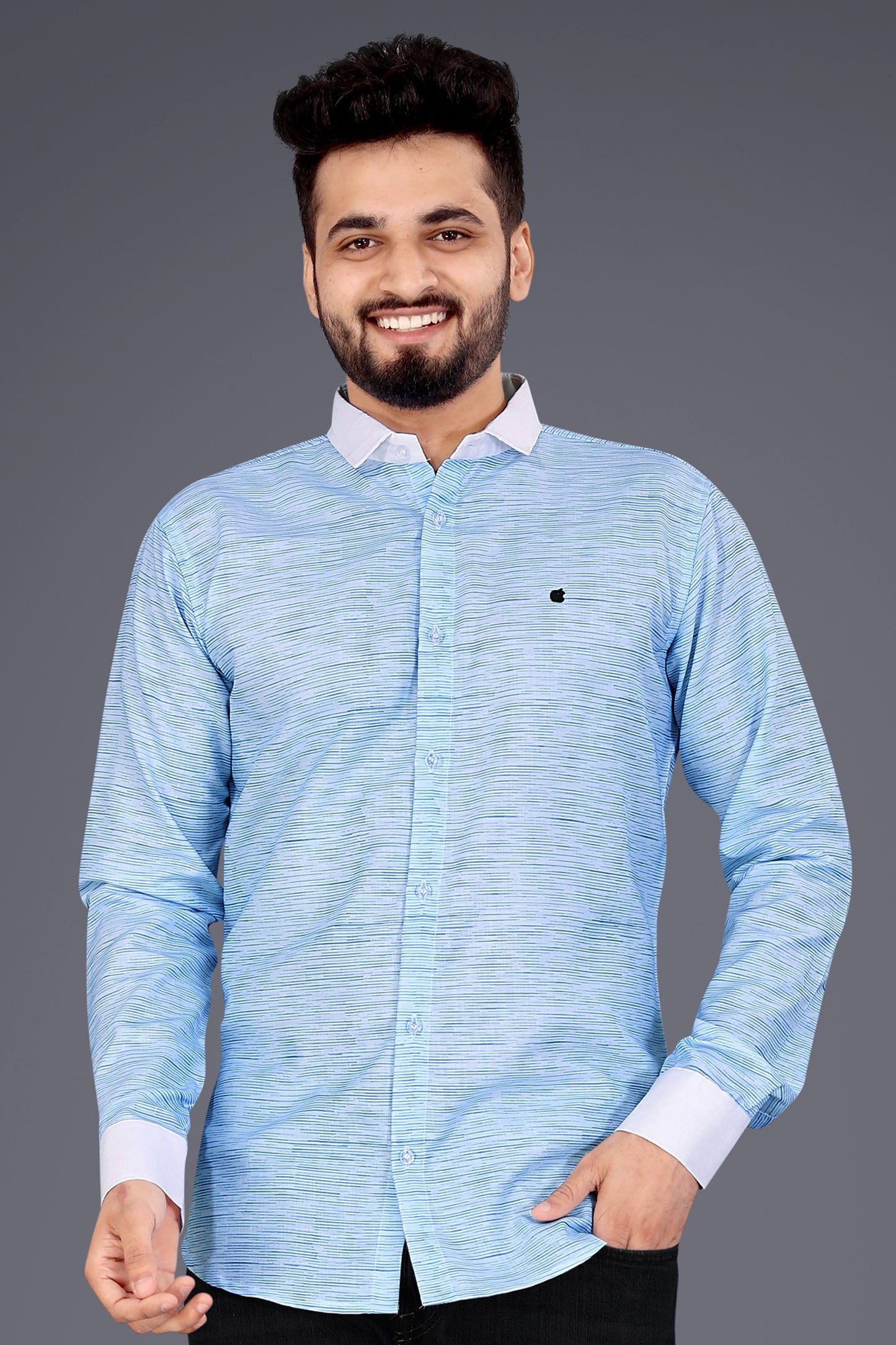 Light Blue Cotton Blend Texture Print Causal Shirt