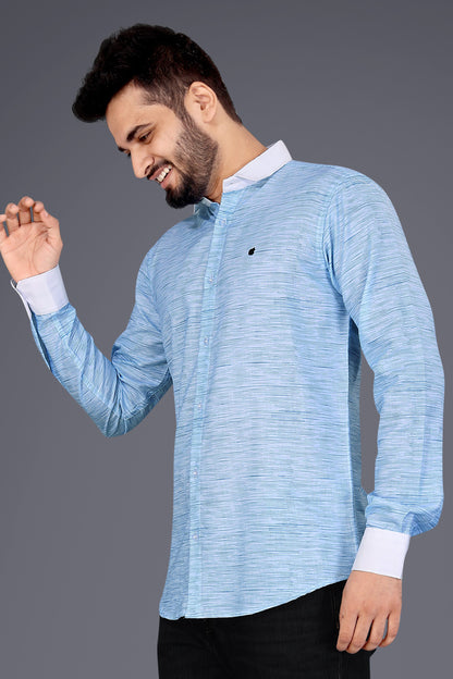 Light Blue Cotton Blend Texture Print Causal Shirt