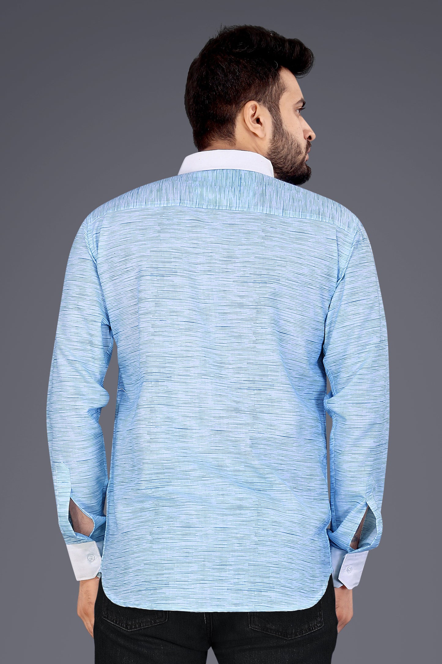 Light Blue Cotton Blend Texture Print Causal Shirt