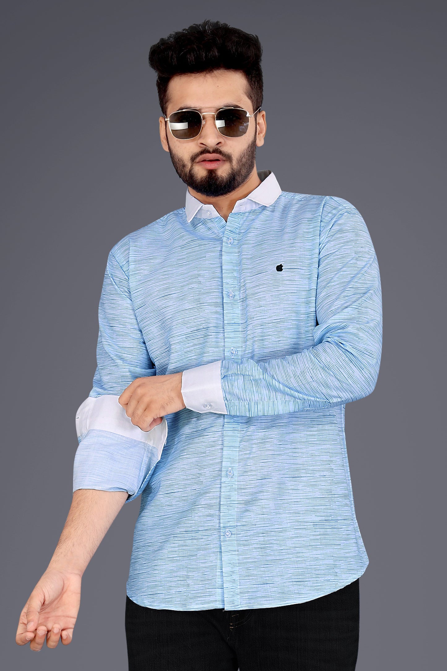 Light Blue Cotton Blend Texture Print Causal Shirt