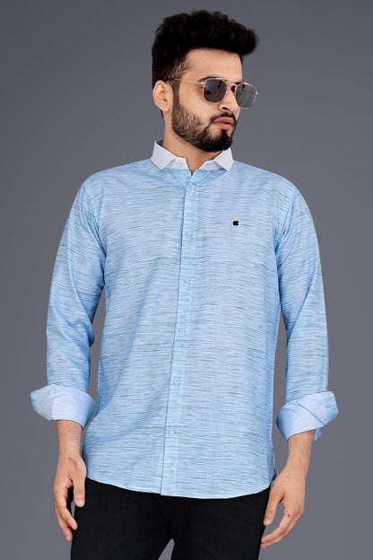 Light Blue Cotton Blend Texture Print Causal Shirt