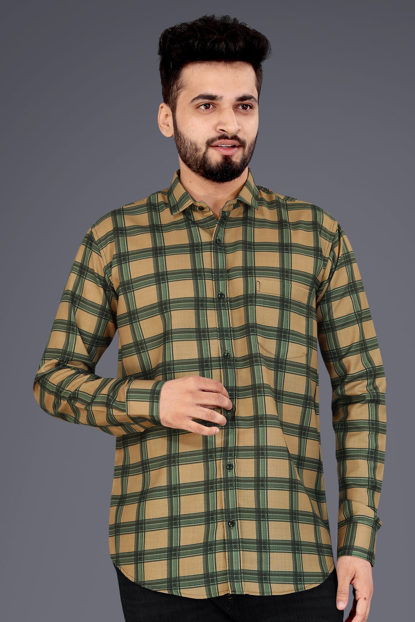 Beige Cotton Blend Checks Casual Shirt