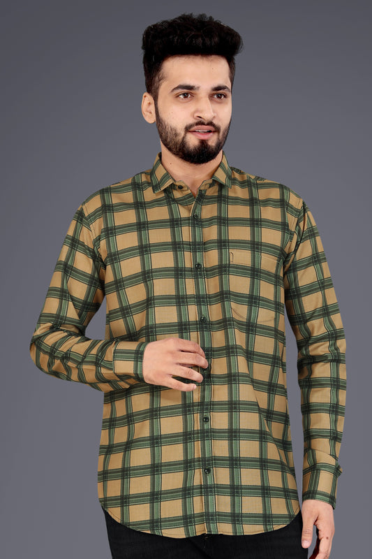 Beige Cotton Blend Checks Casual Shirt