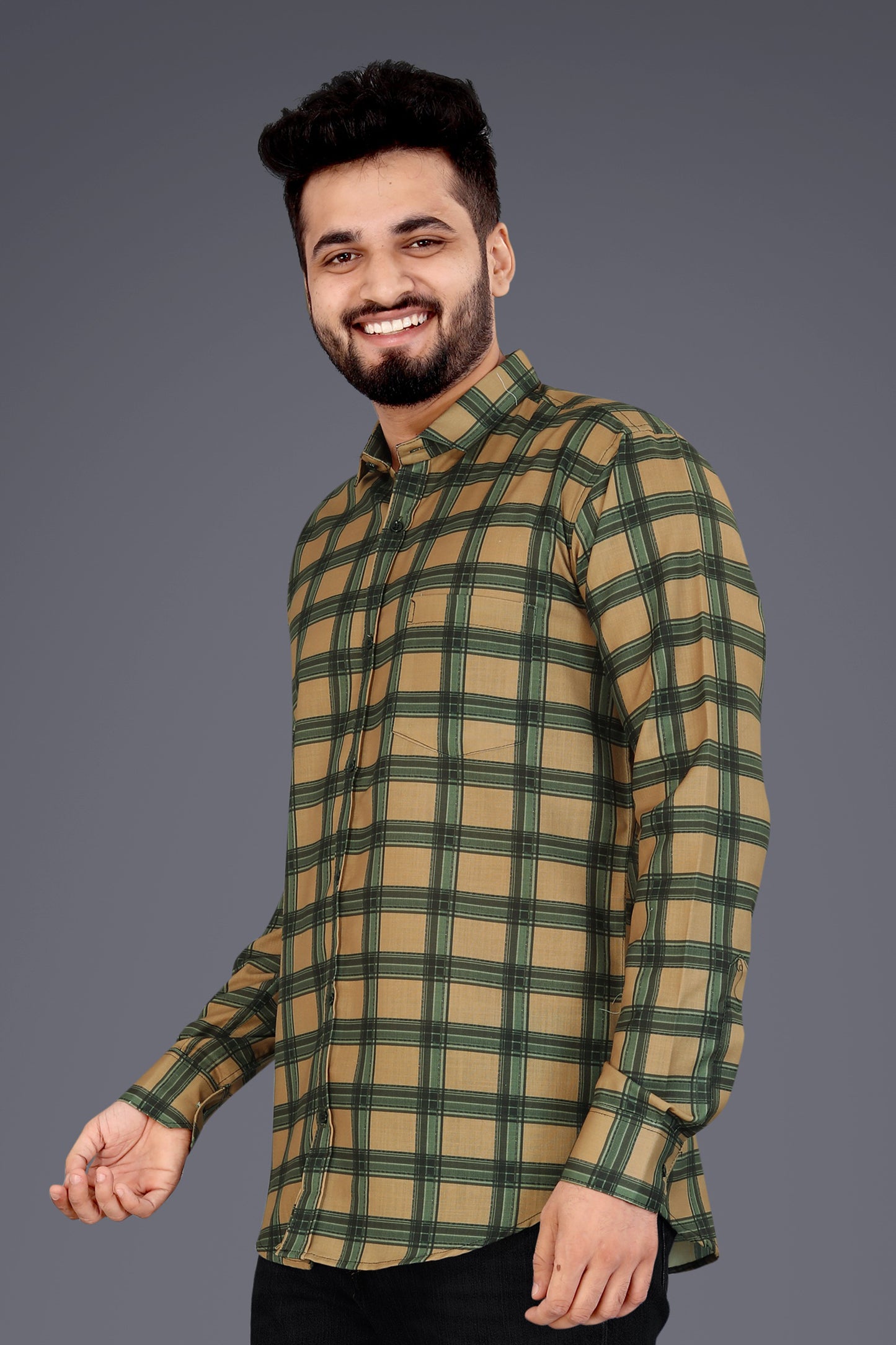 Beige Cotton Blend Checks Casual Shirt