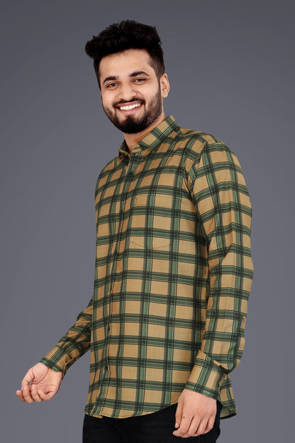 Beige Cotton Blend Checks Casual Shirt