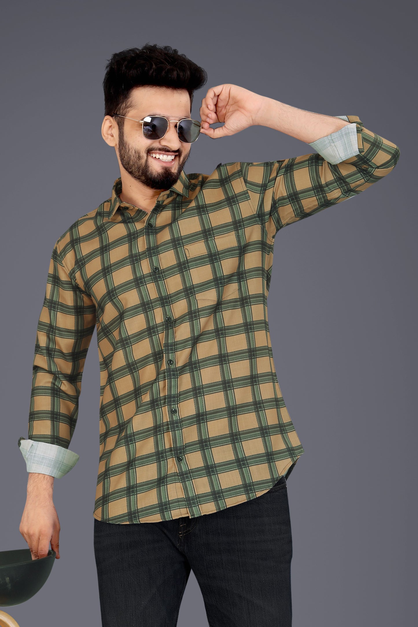 Beige Cotton Blend Checks Casual Shirt