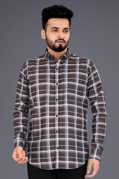 Brown Cotton Blend Checks Casual Shirt