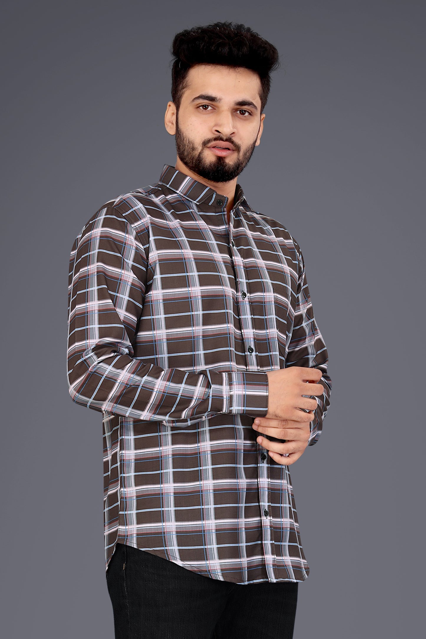 Brown Cotton Blend Checks Casual Shirt