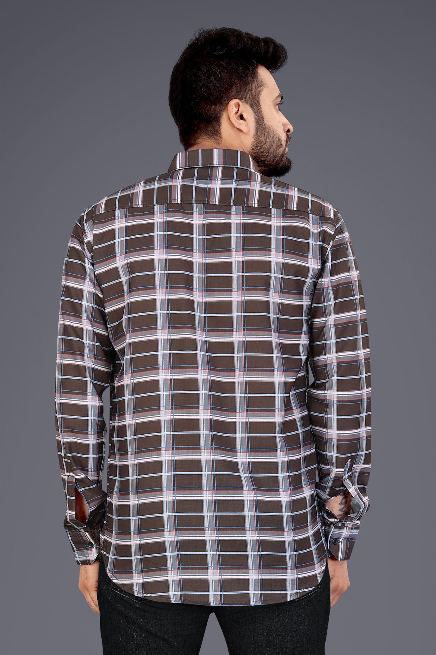 Brown Cotton Blend Checks Casual Shirt