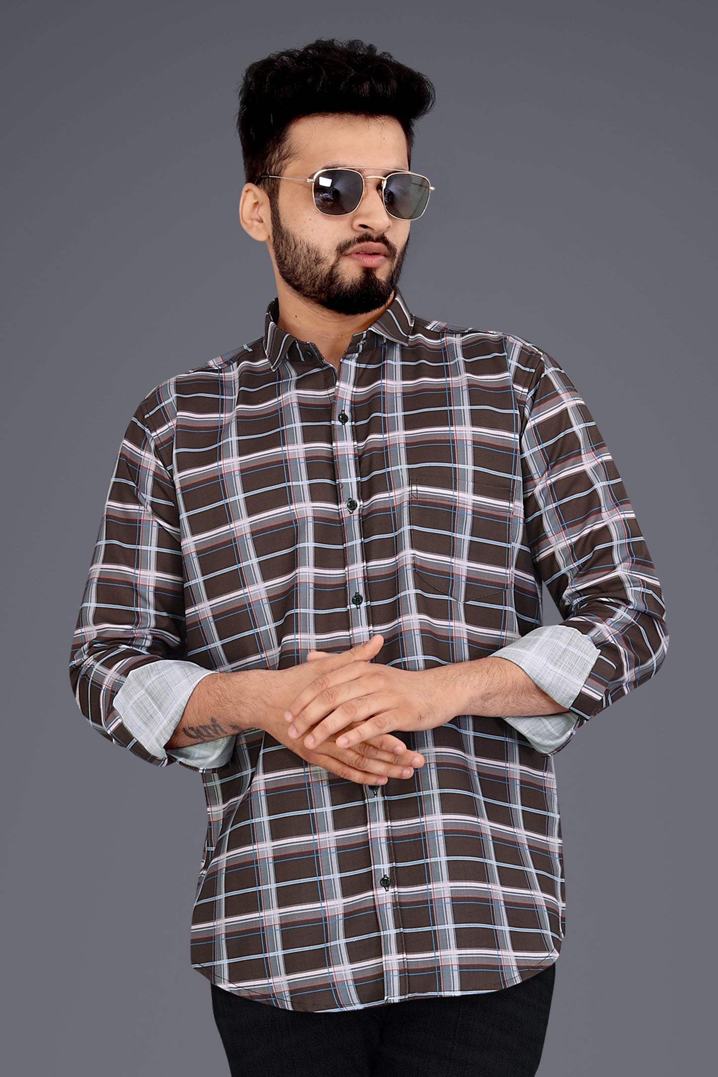 Brown Cotton Blend Checks Casual Shirt