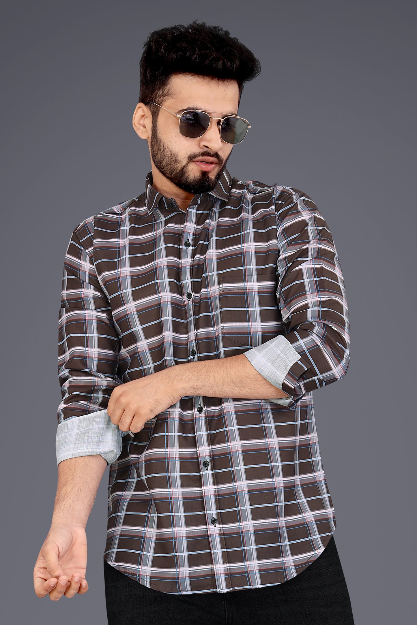 Brown Cotton Blend Checks Casual Shirt