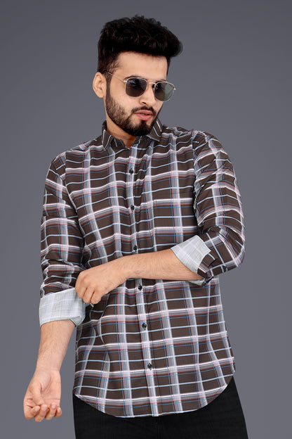 Brown Cotton Blend Checks Casual Shirt