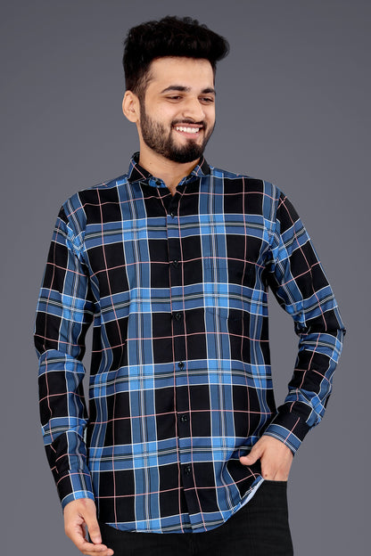 Blue Cotton Blend Checks Casual Shirt