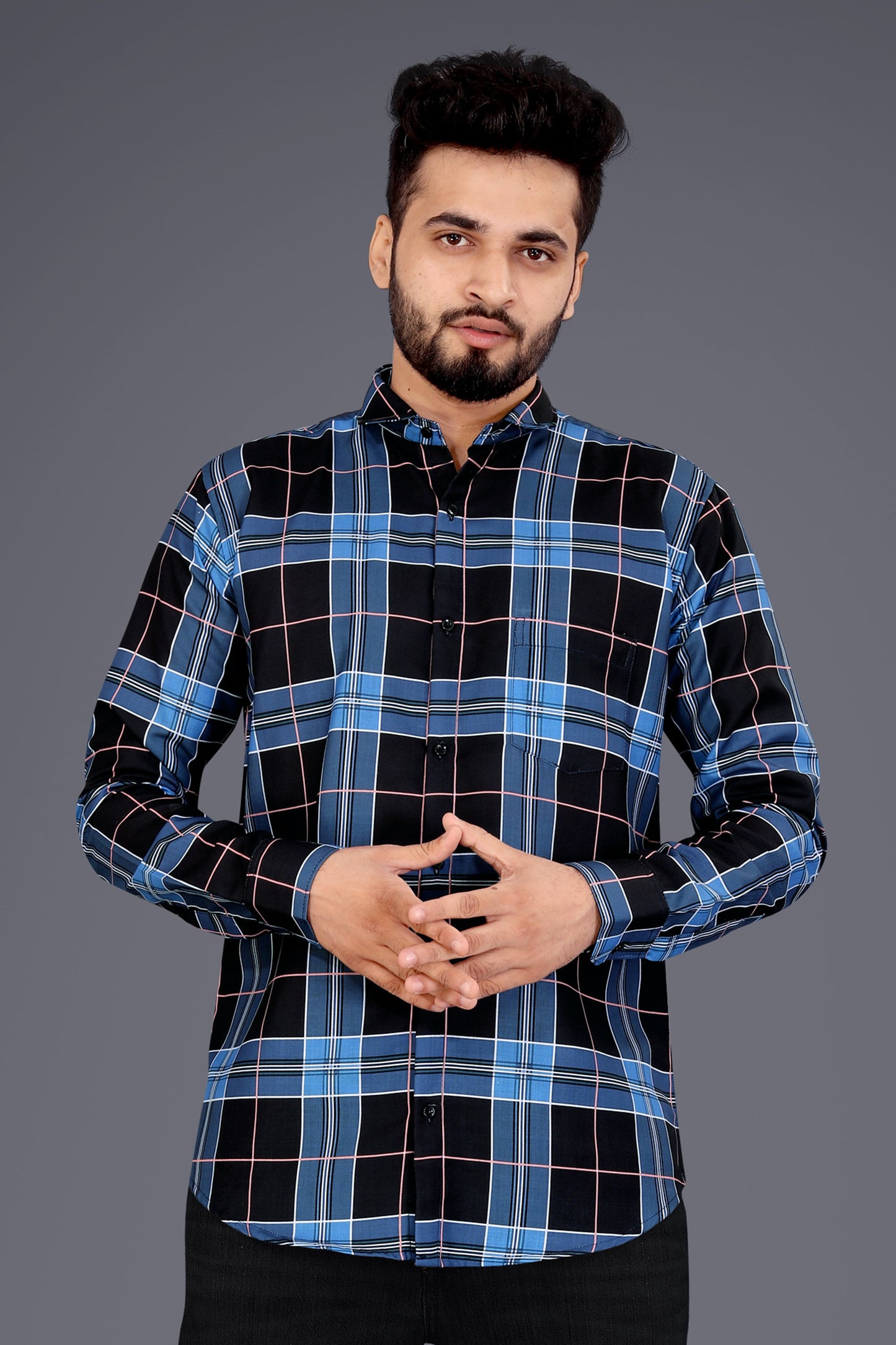 Blue Cotton Blend Checks Casual Shirt