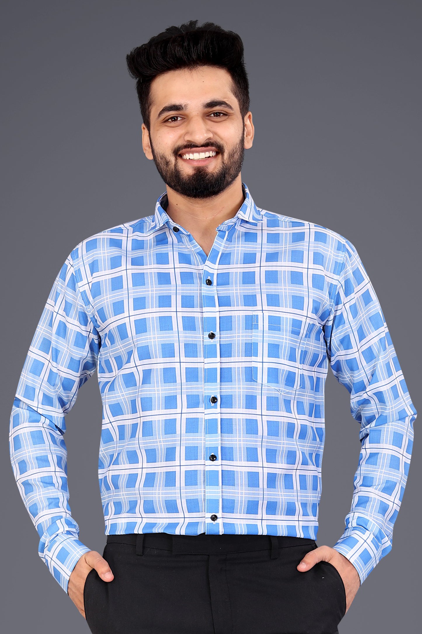 Sky Blue Cotton Blend Checks Casual Shirt