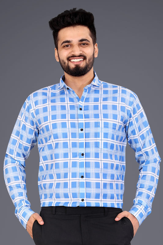 Sky Blue Cotton Blend Checks Casual Shirt