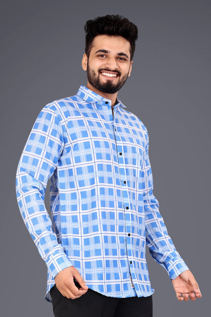 Sky Blue Cotton Blend Checks Casual Shirt