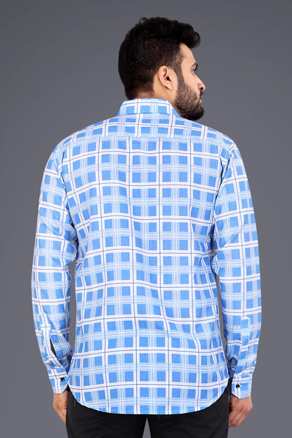 Sky Blue Cotton Blend Checks Casual Shirt