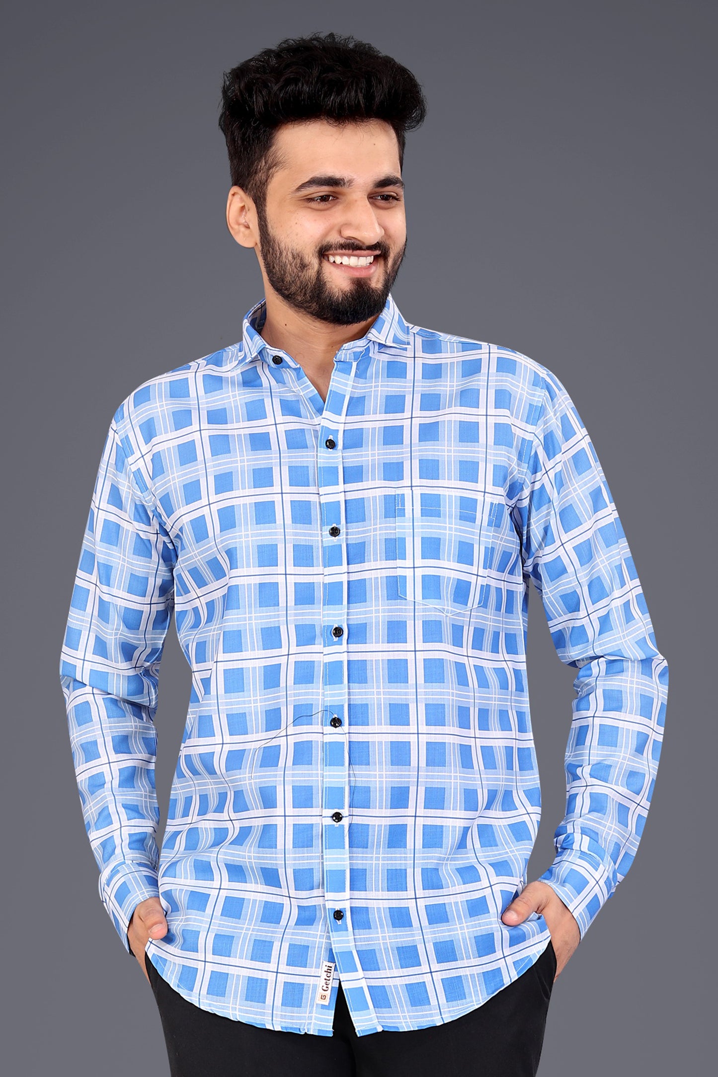 Sky Blue Cotton Blend Checks Casual Shirt