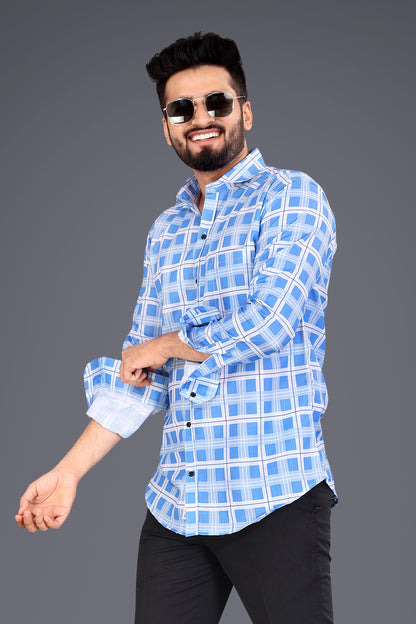 Sky Blue Cotton Blend Checks Casual Shirt