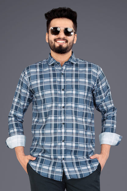 Dark Grey Cotton Blend Checks Casual Shirt