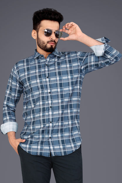 Dark Grey Cotton Blend Checks Casual Shirt