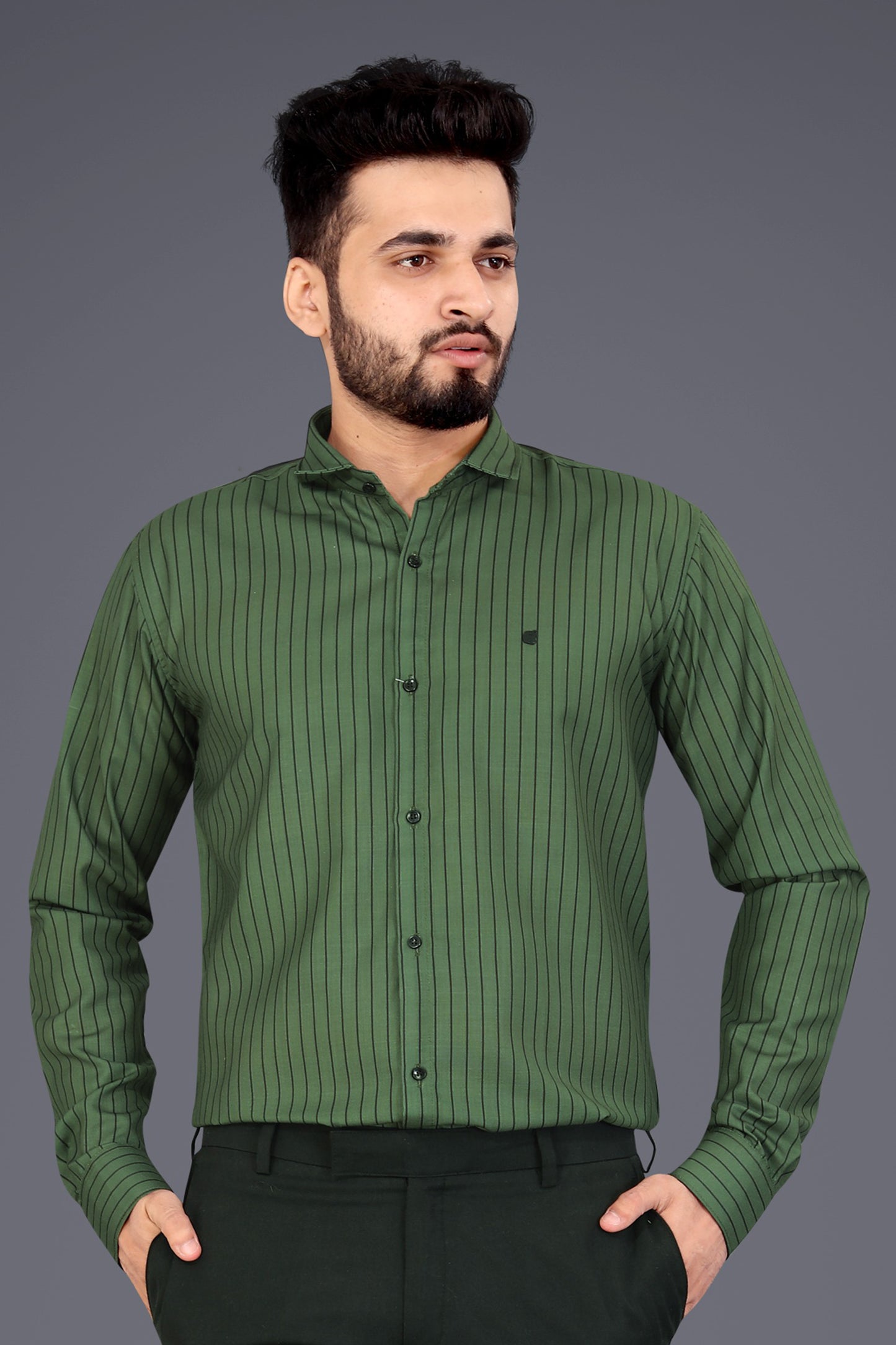 Dark Green Cotton Blend Lining Print Causal Shirt