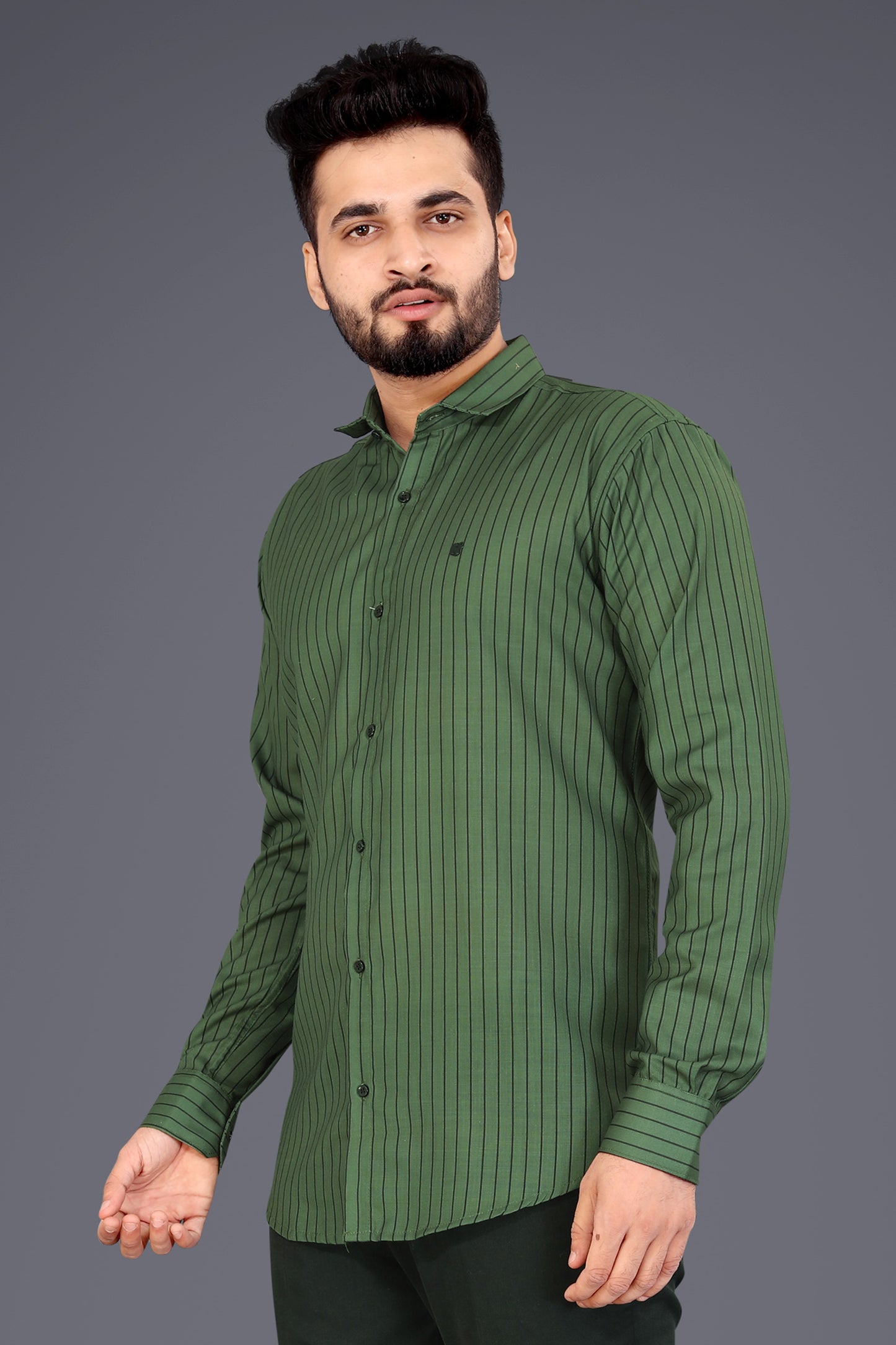 Dark Green Cotton Blend Lining Print Causal Shirt