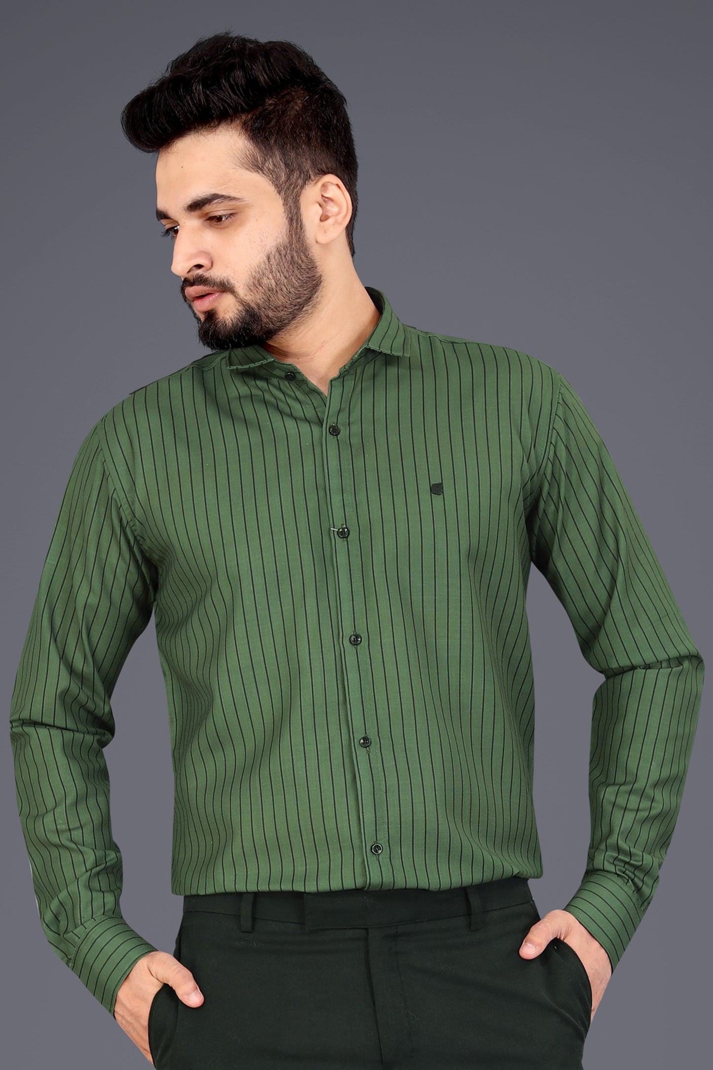 Dark Green Cotton Blend Lining Print Causal Shirt